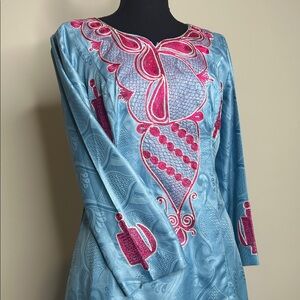 Elegant Blue and Pink Embroidered Dress
